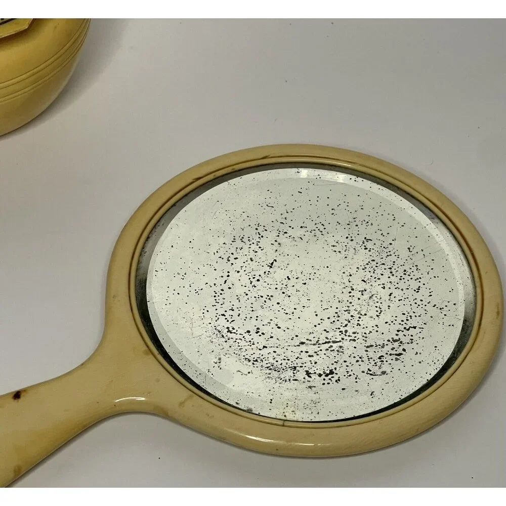 Vintage Vanity Set 3 pieces Hand Mirror, Box Container Powder with Lid